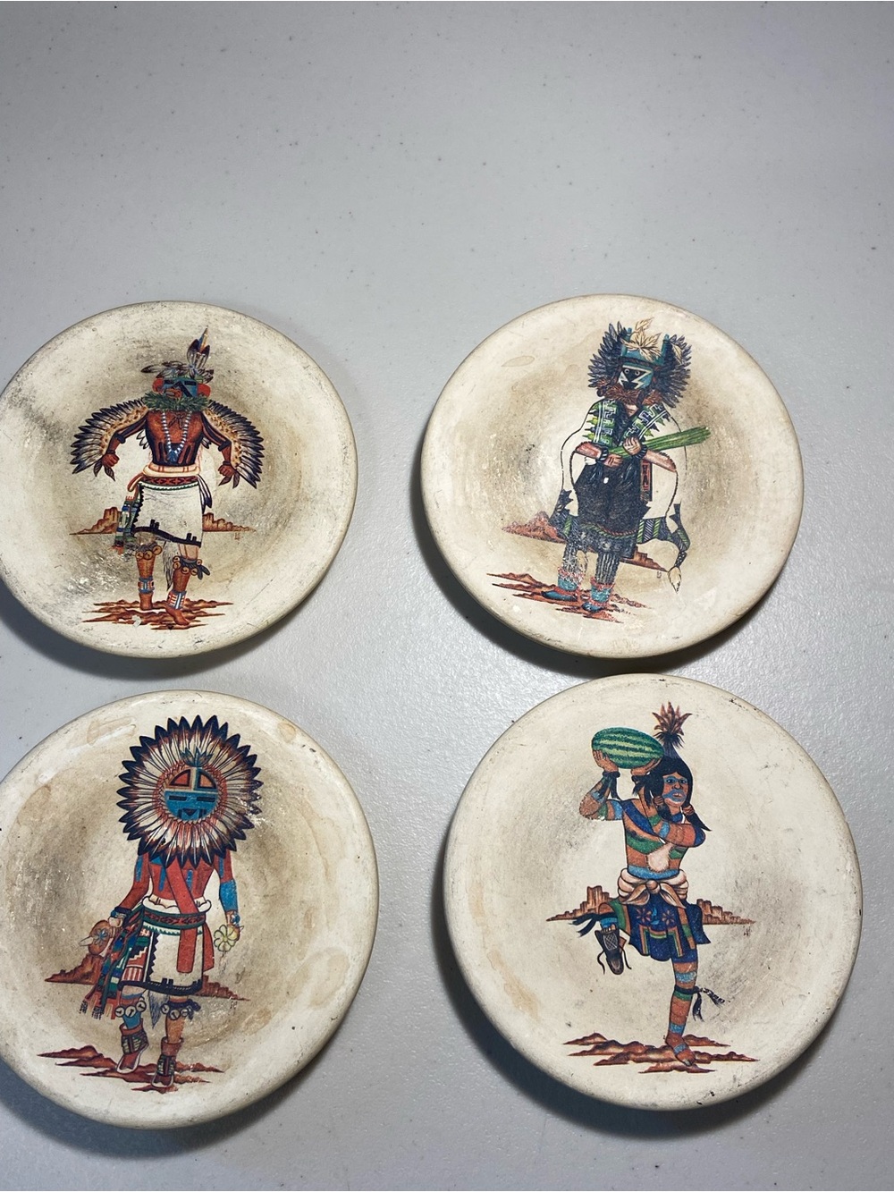 Set of 4 Hand-Painted Native Motif Ceramic Coasters - Earth Tones